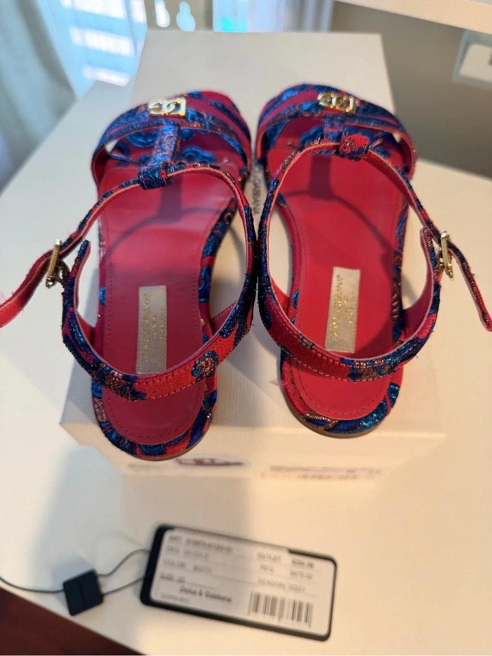 Dolce & Gabbana Red and Blue Embroidered T-Strap Sandals with Gold DG Accent